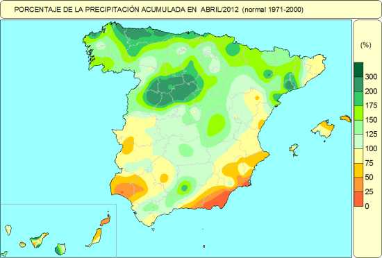 Anomalía de precipitaciones acumuladas en Abril de 2012